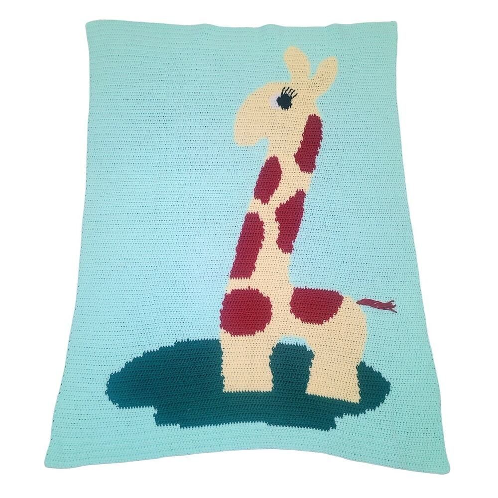 Vintage Hand Knit Crochet GIRAFFE Blanket Green Yellow Brown 54" x 41"